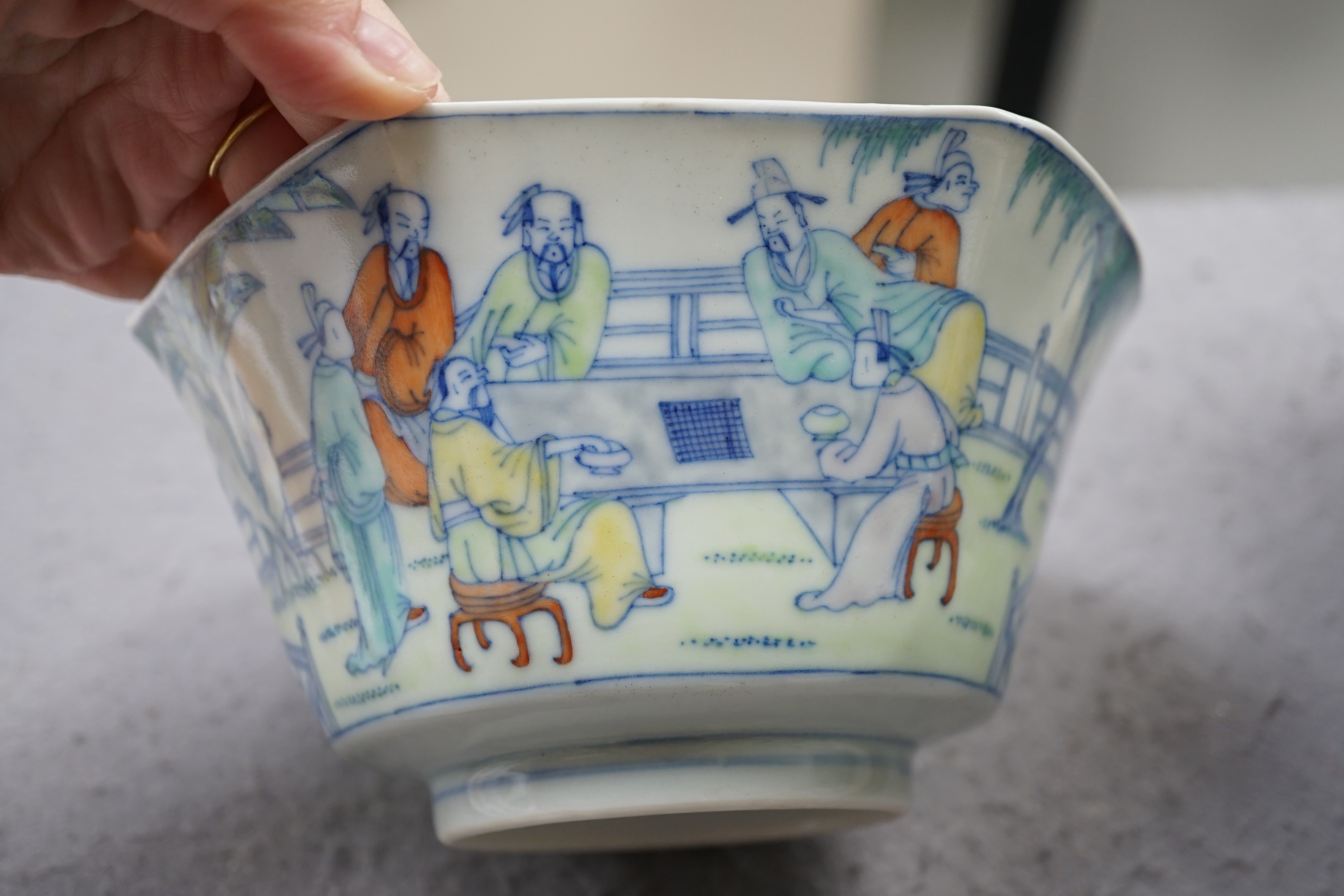 A Chinese doucai ‘scholars’ hexagonal bowl, Jiaqing mark and probably of the period (1796-1820)
